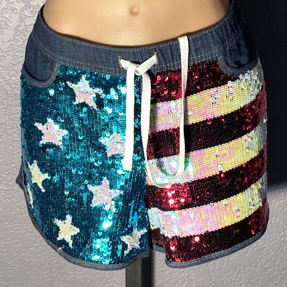 JUICY COUTURE - shorts: American flag sequined denim jeans w adj. tie waist - XL - Picture 2 of 16